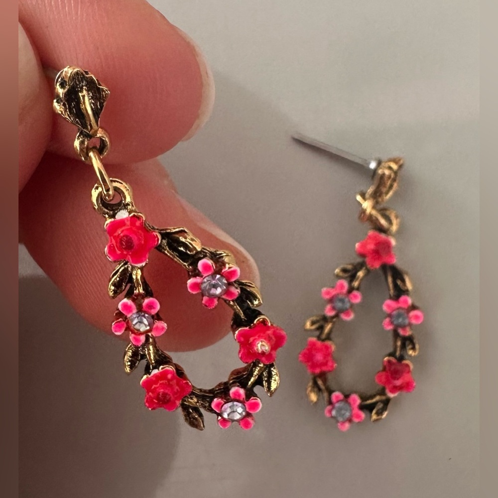 Pink and Gold Floral Dangle Earrings